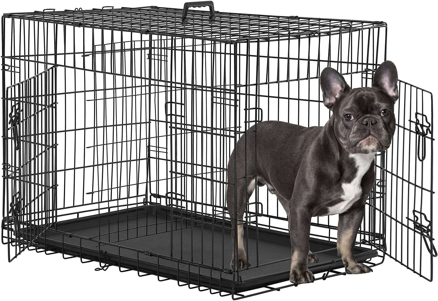 Large Dog Crate Dog Cage Dog Kennel Metal Wire Double-Door Folding Pet Animal Pet Cage with Plastic Tray and Handle,30 Inches
