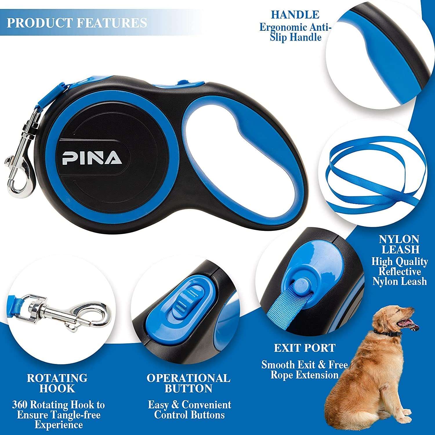 Retractable Dog Leash, Tangle-Free Strong Reflective Nylon Tape, with Anti-Slip Handle, One-Handed Brake, Pause, Lock - Black Blue