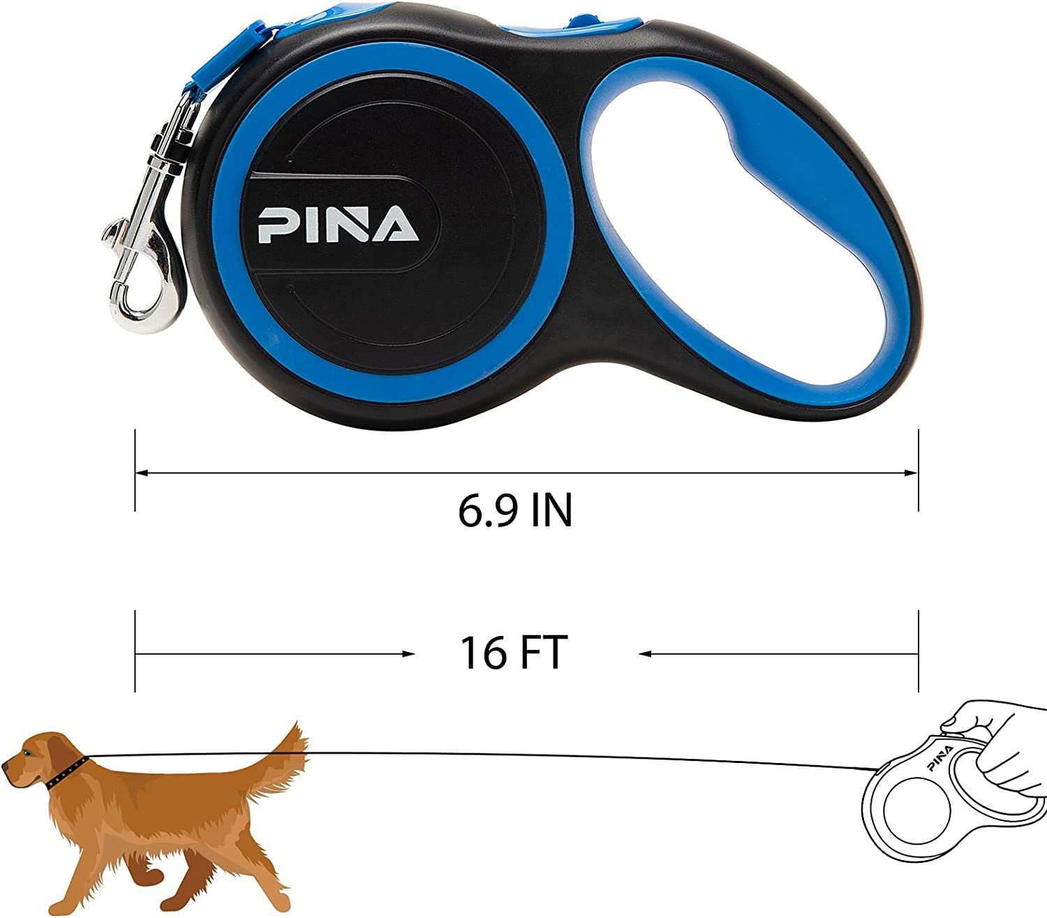 Retractable Dog Leash, Tangle-Free Strong Reflective Nylon Tape, with Anti-Slip Handle, One-Handed Brake, Pause, Lock - Black Blue