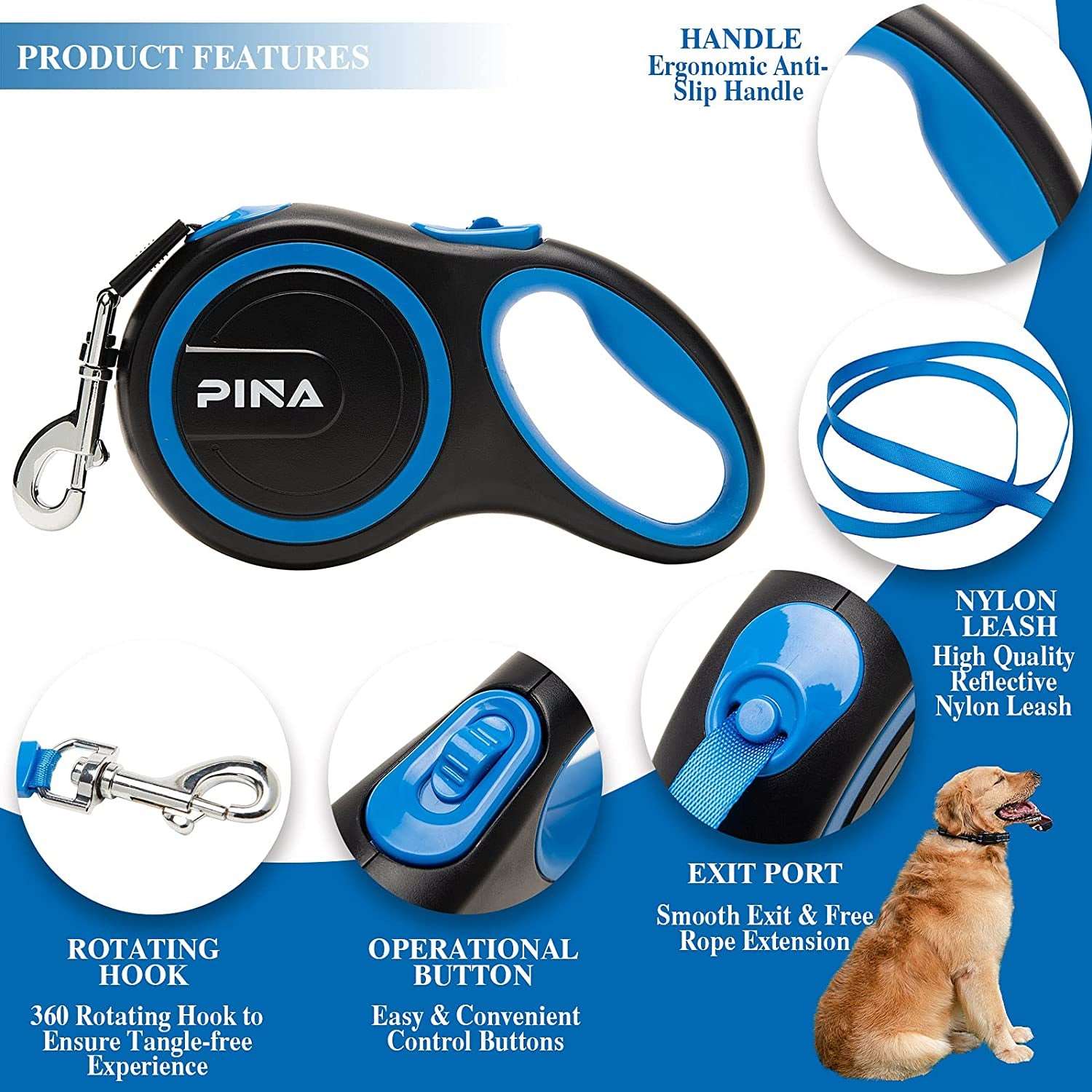Retractable Dog Leash, Tangle-Free Strong Reflective Nylon Tape, with Anti-Slip Handle, One-Handed Brake, Pause, Lock - 
