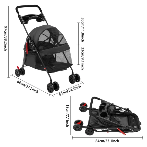 Black Foldable Pet Travel Cart for Small To Medium Dogs
