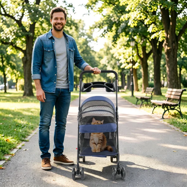 Navy Blue Foldable Pet Cart for Small to Medium Dogs and Cats